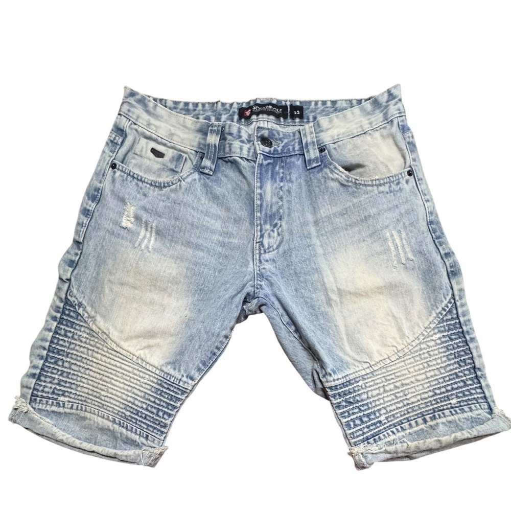 Southpole Moto Denim Shorts Mens 32 Distressed Ribbed Light Wash Blue Streetwear
